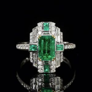 Natural handmade emerald engagement ring\Vintage 18k white gold emerald ring/High end emerald ring\Art deco handmade modern emerald ring