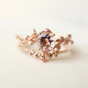 18k rose gold twig morganite ring set/Leaf morganite ring set/Nature-inspire morganite bridal/Art Deco morganite ringTrendy morganite ring