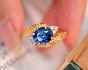 18k solid gold real sapphire ring/Genuine vintage blue sapphire ring/Art deco handmade sapphire bridal ring/Custom birthstone sapphire ring