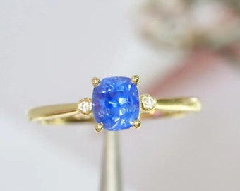 18k solid gold solitaire oval sapphire ring/Diamond natural blue sapphire ring/Real sapphire engagement/Handmade art deco sapphire jewelry