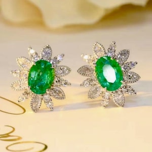 Oval genuine emerald 18k white gold studs/Art deco floral emerald earrings/Unique handmade emerald stud earrings women/Modern emerald studs