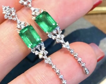 18k white gold genuine emerald tassel drop earrings/Dainty fringe emerald earrings women/Handmade long chain earring\unique emerald earrings