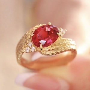 Unique 18k rose gold genuine rubellite red tourmaline ring/Art deco diamond tourmaline ring women/handmade fine tourmaline engagement ring