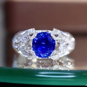 Natural oval cut royal sapphire ring 18k white gold/Statement diamond cluster blue sapphire ring/Royal blue sapphire engagement ring women