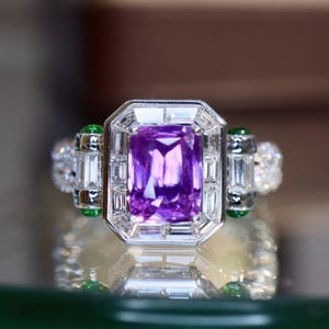 Handcraft lavender sapphire ring 18k white gold/Natural light purple sapphire engagement ring women/Statement diamond halo sapphire ring