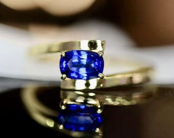 18k solid gold real sapphire ring/Genuine royal blue sapphire ring/Natural sapphire engagement/Handmade art deco sapphire ring/modern ring