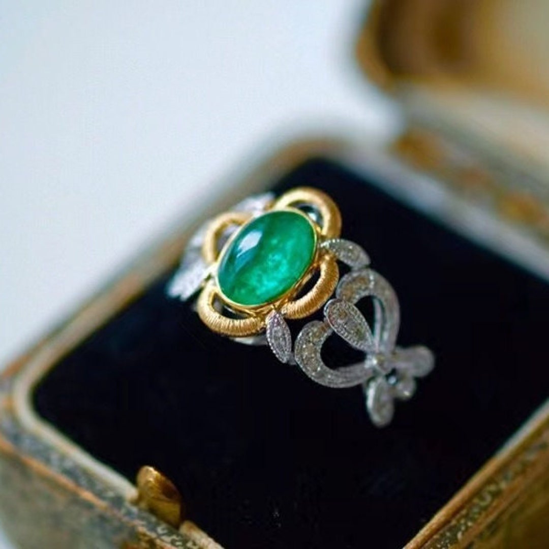 Genuine Emerald 18k White Gold Ring/chunky Emerald Engagement Ring ...