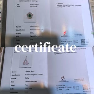 May include: Two gem grading reports. The top report details a Natural Emerald Ring, 2.35g, with a vivid green color. The bottom report details a Natural Morganite Ear-Stud, 3.63g, with a vivid pink color. The word "certificate" is overlaid on the image.