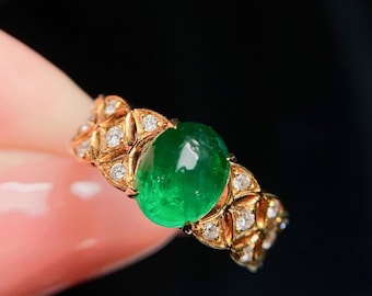 Anillo de oro rosa de 18 quilates con esmeralda ovalada auténtica/Anillo de compromiso vintage con esmeralda abovedada/Anillo apilable con esmeralda/Anillo único de esmeralda sin tratar, hecho a mano.