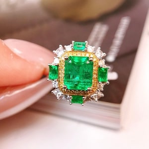 Unheated Colombia muzo emerald 18k solid gold ring/Natural fine emerald diamond engagement ring\Art deco vivid green multi-stone emerald rin