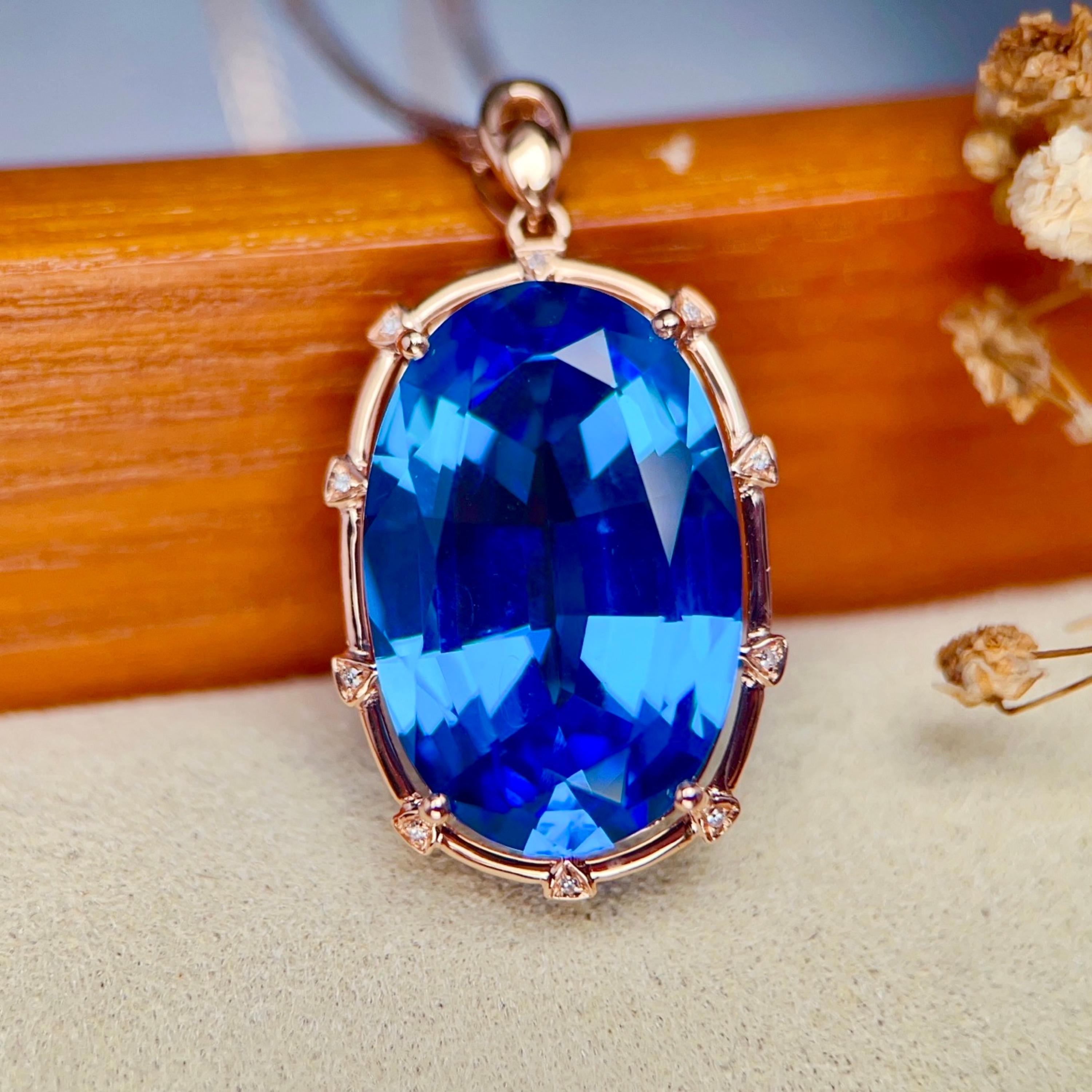 Blue Swissy 18k Solid Gold Royal Blue Swiss Blue Topaz Pendant Necklace/statement ...