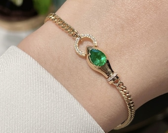 Genuine vivid green emerald 18k white gold bracelet/Dainty modern emerald bracelet/Pear cut diamond cuba chain bracelet women/May birthstone