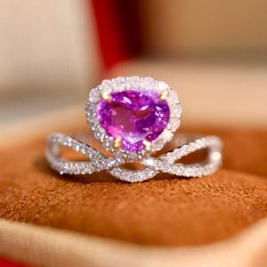 Unique 18k white gold pear natural pink sapphire/Real Padparadscha engagement ring/pink sapphire twist band ring/Custom natural gemstone rin