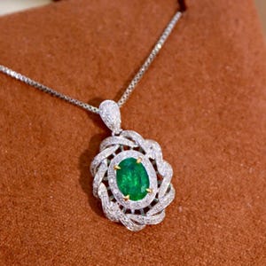 Statement 18k white gold natural emerald necklace/diamond halo cluster emerald pendant/Oval vivid green emerald pendant/May birthstone gift