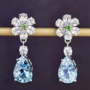 18k white gold tear drop aquamarine earrings/natural quality aquamarine dangles/Handmade art deco aquamarine earrings/custom jewelry for her