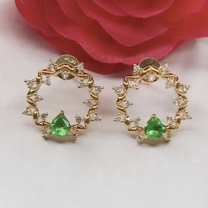 18k yellow gold genuine emerald studs women/Dainty open circle emerald studs/Handmade unique emerald stud earrings/art deco sun emerald stud