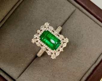 Genuine square emerald cut ring 18k white gold/Statement emerald engagement ring/Big 2.3 carat emerald ring/Double halo diamond emerald ring