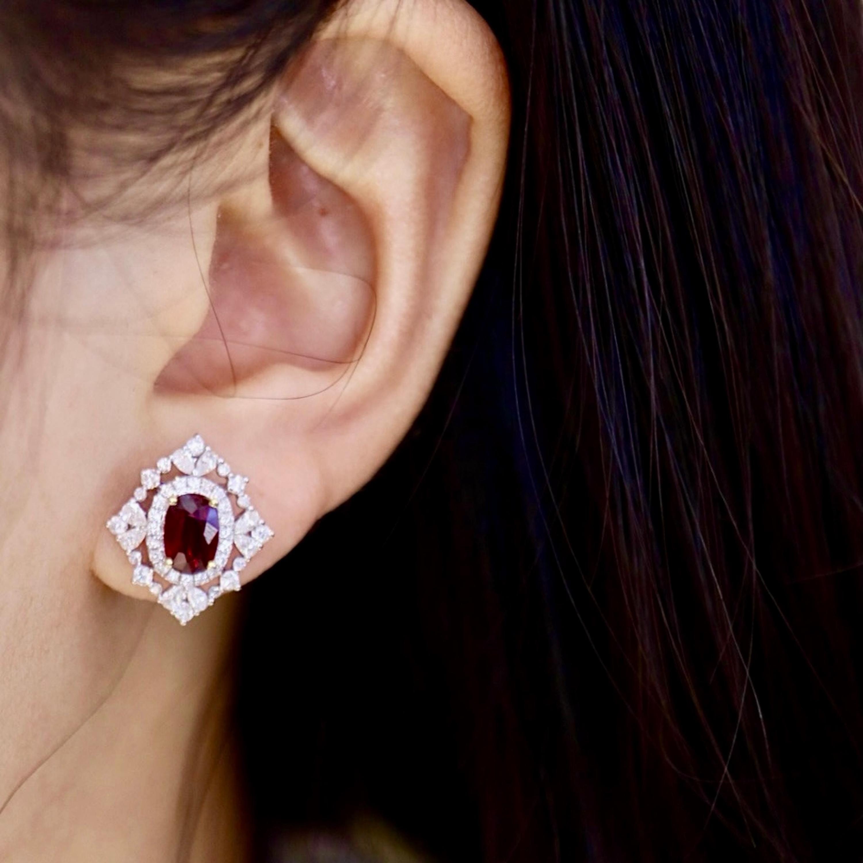 Dainty Oval Pigeon Blood Red Ruby Stud Earring\18k White Gold Natural ...