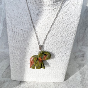 Unakite Jasper Elephant Carving Crystal Pendant Necklace - Natural Crystal Healing Gemstone Jewellery / Tarnish resistant / Animal carving