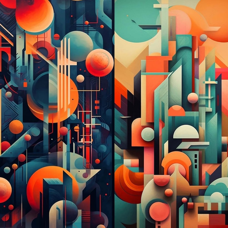 May include: Abstract geometric art print with a mix of orange, blue, green, and beige shapes. The print is divided into two sections, with a vertical line separating the two sides.