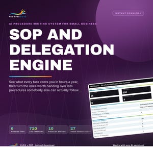 May include: A digital product graphic for an AI procedure writing system titled SOP AND DELEGATION ENGINE. The purple background features text, a dashboard preview with data tables, and icons indicating 6 working tabs, 720 live formulas, 10 pieces of writing, and 27 vague verbs caught.