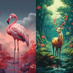 May include: A pink flamingo stands in a pink and white cloudy landscape. A brown deer with large antlers stands in a lush green forest with a stream.