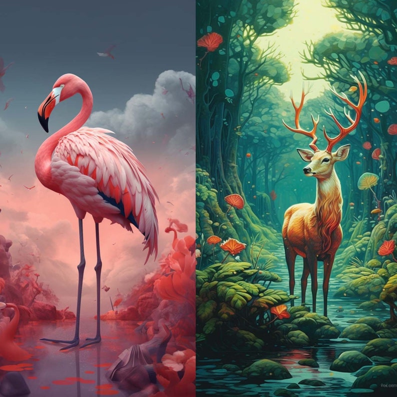 May include: A pink flamingo stands in a pink and white cloudy landscape. A brown deer with large antlers stands in a lush green forest with a stream.