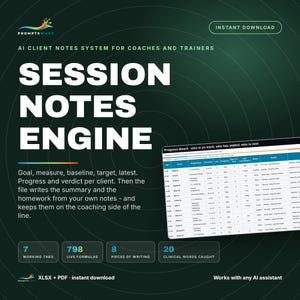 Op de afbeelding: Een digitaal sjabloon getiteld Session Notes Engine voor coaches en trainers. Het heeft een donkergroene achtergrond met witte tekst, een voortgangstabel en overzichtsstatistieken waaronder 7 tabbladen en 798 live formules.
