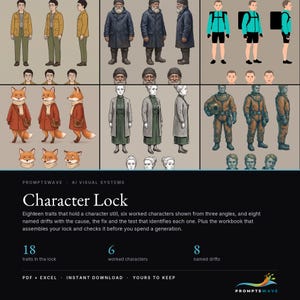 May include: A digital character design sheet titled Character Lock by Promptswave. It displays six distinct character types, including a fox, a diver, and various people, each shown from three angles with facial expressions, plus descriptive text.