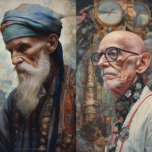 May include: A painting of two older men. The man on the left is wearing a blue turban and a long, white beard. The man on the right is wearing glasses and a white coat with a red stethoscope. The background is a colorful abstract design.