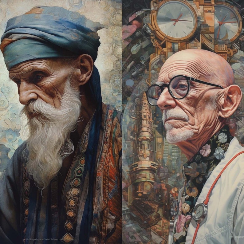 May include: A painting of two older men. The man on the left is wearing a blue turban and a long, white beard. The man on the right is wearing glasses and a white coat with a red stethoscope. The background is a colorful abstract design.
