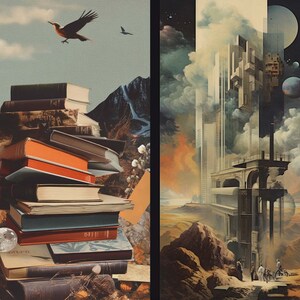 May include: A collage of two images. The left side shows a stack of vintage books with a bird flying overhead. The right side shows a futuristic city with a tall building and a cloudy sky.