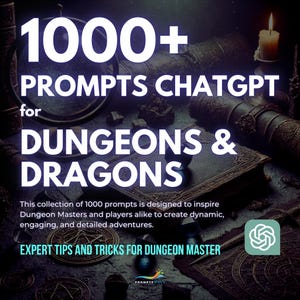 May include: A collection of 1000+ prompts for Dungeons & Dragons, designed to inspire Dungeon Masters and players to create dynamic, engaging, and detailed adventures. The image features a collection of old books, a lit candle, and a green symbol with a knot design.