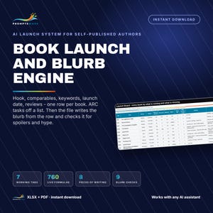 May include: A digital product titled Book Launch and Blurb Engine by PromptsWave, featuring a dark blue background with white text, a spreadsheet graphic labeled Launch Board, and four boxes detailing 7 working tabs, 760 live formulas, 8 pieces of writing, and 9 blurb checks.