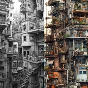 May include: A black and white drawing of a densely packed urban cityscape with a colorful, detailed version of the same scene on the right side. The buildings are tall and narrow, with many balconies and windows. The drawing is a stylized representation of a city.