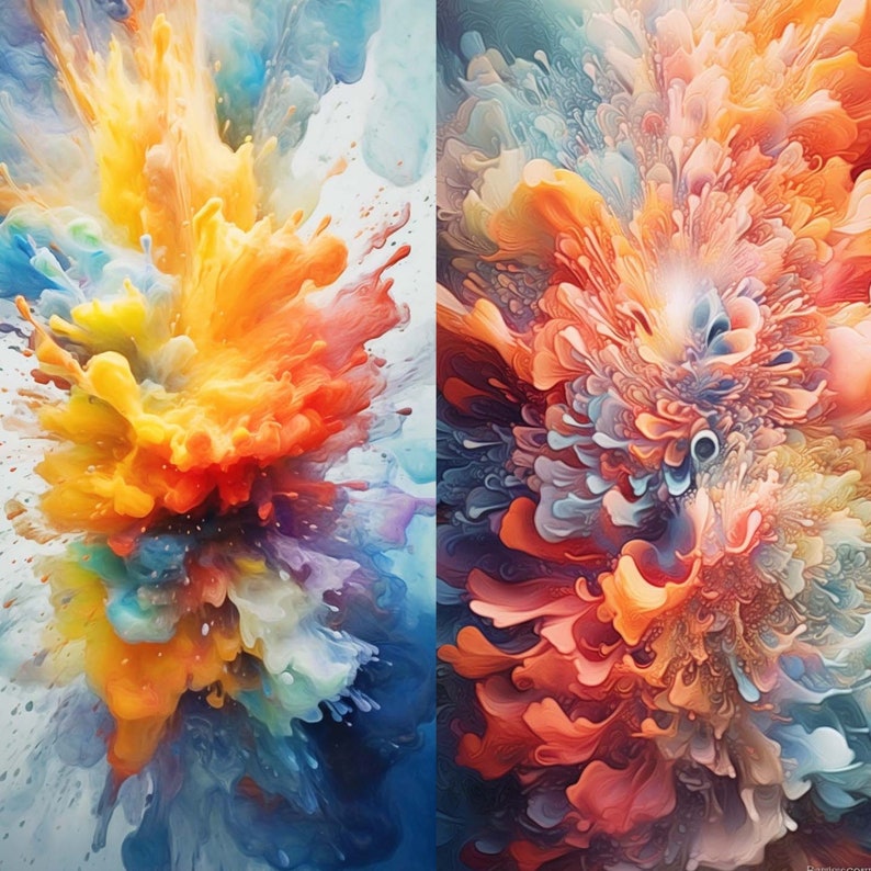 May include: Abstract painting with swirling colors of blue, orange, and yellow. The colors blend together to create a dynamic and energetic composition.