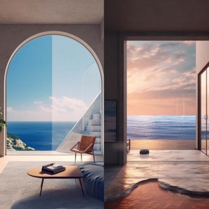 May include: A split image showing two different views from a large window. The left side shows a bright blue sky and ocean with a rocky coastline. The right side shows a sunset over the ocean with a wooden deck and a stone.