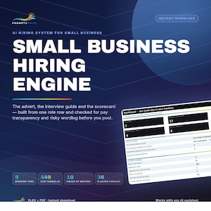 以下が含まれることがあります： PromptsWaveによるSmall Business Hiring Engineのデジタルグラフィック。濃い青の背景に白いテキスト、採用指標を示すダッシュボードインターフェース、6つの作業タブ、449のライブ数式、10のライティングピース、36のフラグ付きフレーズを表示する要約ボックスが配置されています。
