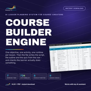 Puede incluir: Un sistema digital de creación de cursos para planificar lecciones sobre un fondo azul oscuro con texto blanco. Incluye una vista previa de hoja de cálculo, siete pestañas de trabajo, 734 fórmulas en vivo, ocho escritos y nueve controles.