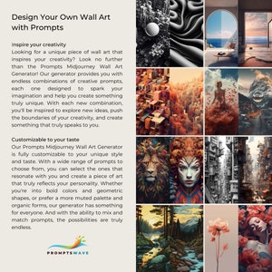 May include: A colorful collage of images showcasing the possibilities of using a wall art generator. The text "Design Your Own Wall Art with Prompts" and "Promptswave" are visible in the image.