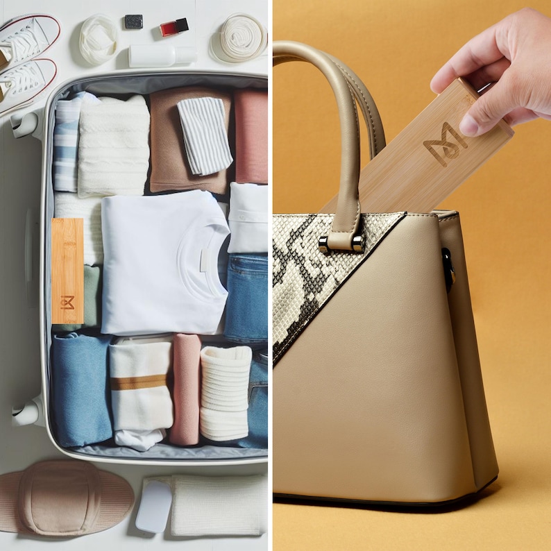 K&ouml;nnte beinhalten: Ein Koffer mit gefalteter Kleidung, Schuhen und Toilettenartikeln. Ein Holzgegenstand mit einem Logo befindet sich im Koffer. Eine beige Handtasche mit Schlangenmuster wird gezeigt, in die der Holzgegenstand gelegt wird.