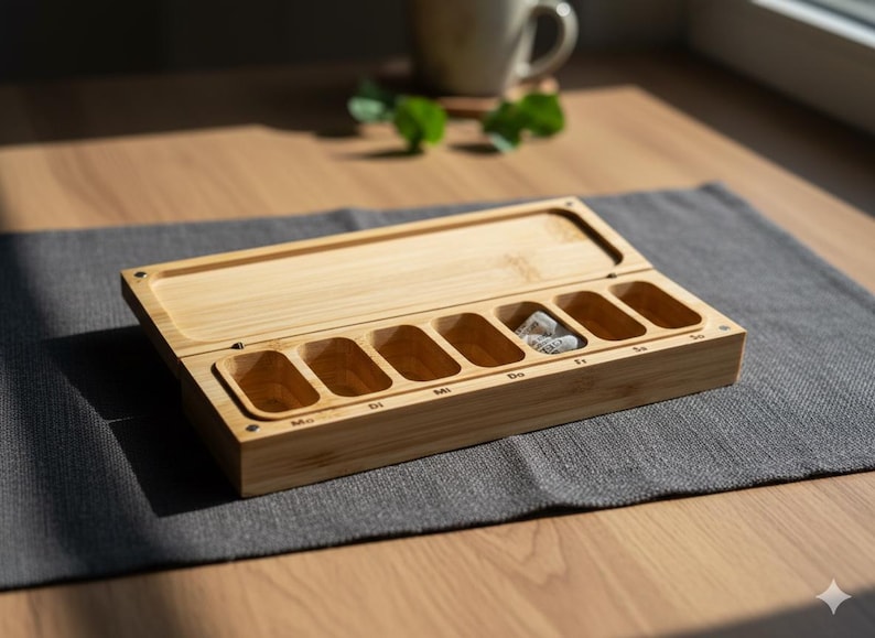 K&ouml;nnte beinhalten: Ein rechteckiger Pillen-Organizer aus Bambus mit Klappdeckel. Der Organizer hat sieben F&auml;cher, die mit den Wochentagen beschriftet sind und jeweils zur Aufnahme von Pillen dienen. Die Box ist aus hellem Holz gefertigt und liegt auf einem grauen Platzset.