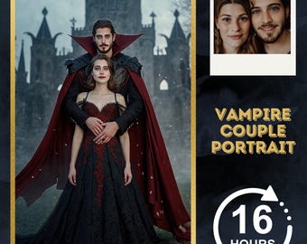 Puede incluir: Retrato digital de una pareja vestida de vampiros, ambientado en un castillo gótico. La mujer lleva un vestido negro y rojo. El hombre tiene una capa roja. La imagen incluye una foto pequeña y el texto "Vampire Couple Portrait".