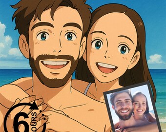 Photo personnalisée pour oeuvre d'art anime, portrait d'anime de style Ghibli, couples et famille, portrait numérique 3D, illustration personnalisée, cadeau d'anniversaire