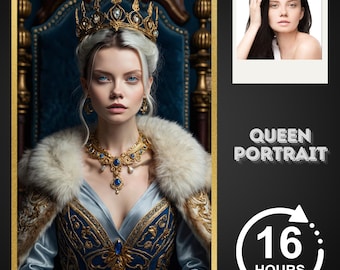 Könnte beinhalten: Ein Porträt einer Frau mit goldener Krone, Ohrringen und Halskette mit blauen Edelsteinen. Sie trägt ein blau-goldenes Kleid mit Pelzkragen. Das Bild ist goldgerahmt mit den Worten "QUEEN PORTRAIT" und einer Grafik mit "16 HOURS".