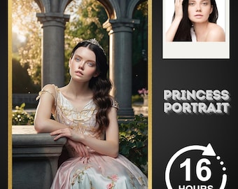 May include: A portrait of a woman in a princess-style dress with a floral design. She wears a tiara and leans on a stone ledge. The image is framed in gold, with the text "PRINCESS PORTRAIT" and a 16-hour countdown.