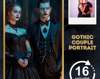 Puede incluir: Retrato de una pareja gótica. La imagen muestra a un hombre con un traje negro y a una mujer con un vestido negro. Se incluye una foto polaroid de una pareja, junto con el texto "Gothic Couple Portrait". Un gráfico de reloj muestra "16 HORAS".