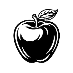 May include: A black and white illustration of an apple. The apple is a solid black color with white highlights and a white outline. A green leaf and stem are attached to the top of the apple.