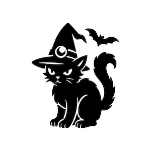 May include: A black cat wearing a witch's hat and a bat silhouette on a white background. The cat has an angry expression and a long, curved tail. The witch hat has a buckle and a wide brim.