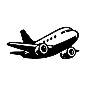 Può includere: Illustrazione in bianco e nero di un aereo in volo. L'aereo ha due motori, una deriva e un abitacolo. L'aereo è raffigurato in uno stile grafico semplice, adatto a varie applicazioni.